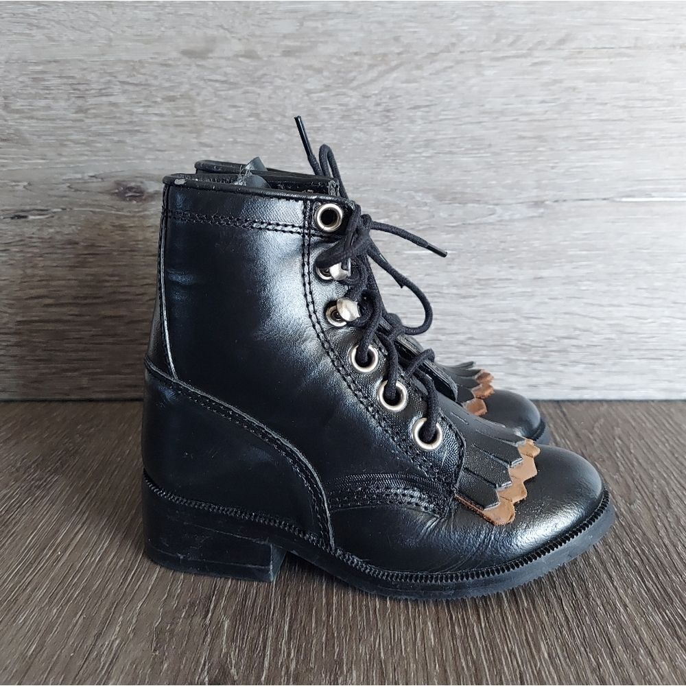 Acme Vintage 90s Black Leather Kiltie Lace Up Boots Size 5
